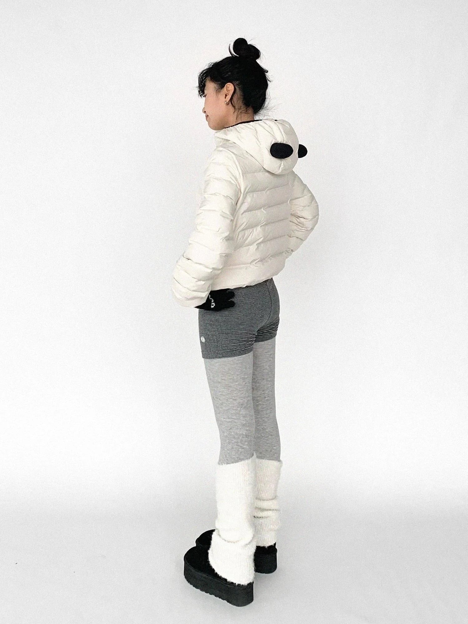 Panda Ear Rib Cotton Hooded Short Jacket