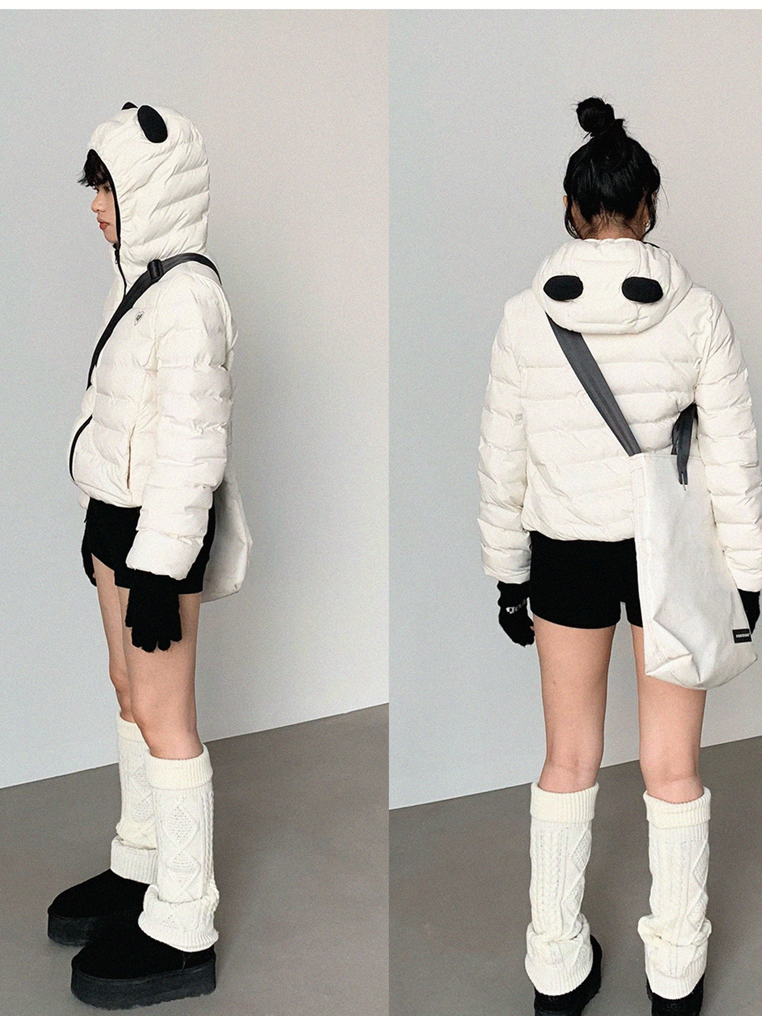 innomoood Panda Ear Rib Cotton Hooded Short Jacket