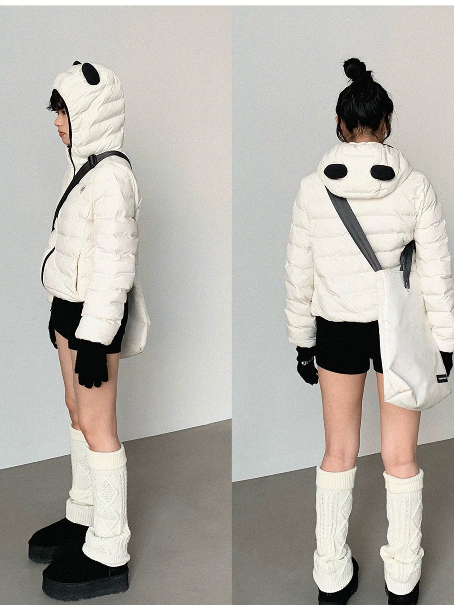 Panda Ear Rib Cotton Hooded Short Jacket