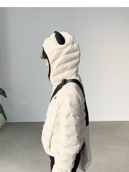 innomoood Panda Ear Rib Cotton Hooded Short Jacket