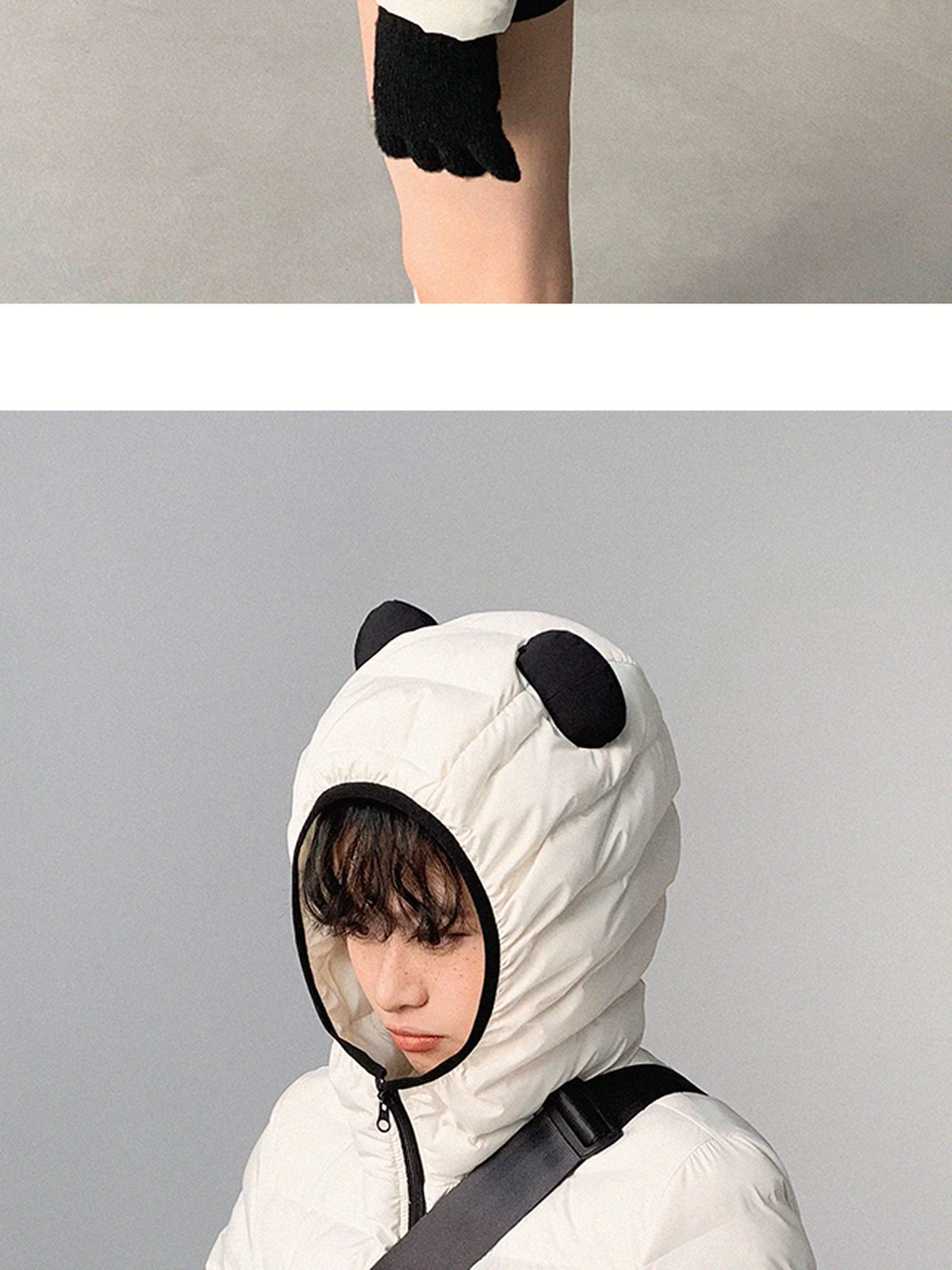 innomoood Panda Ear Rib Cotton Hooded Short Jacket