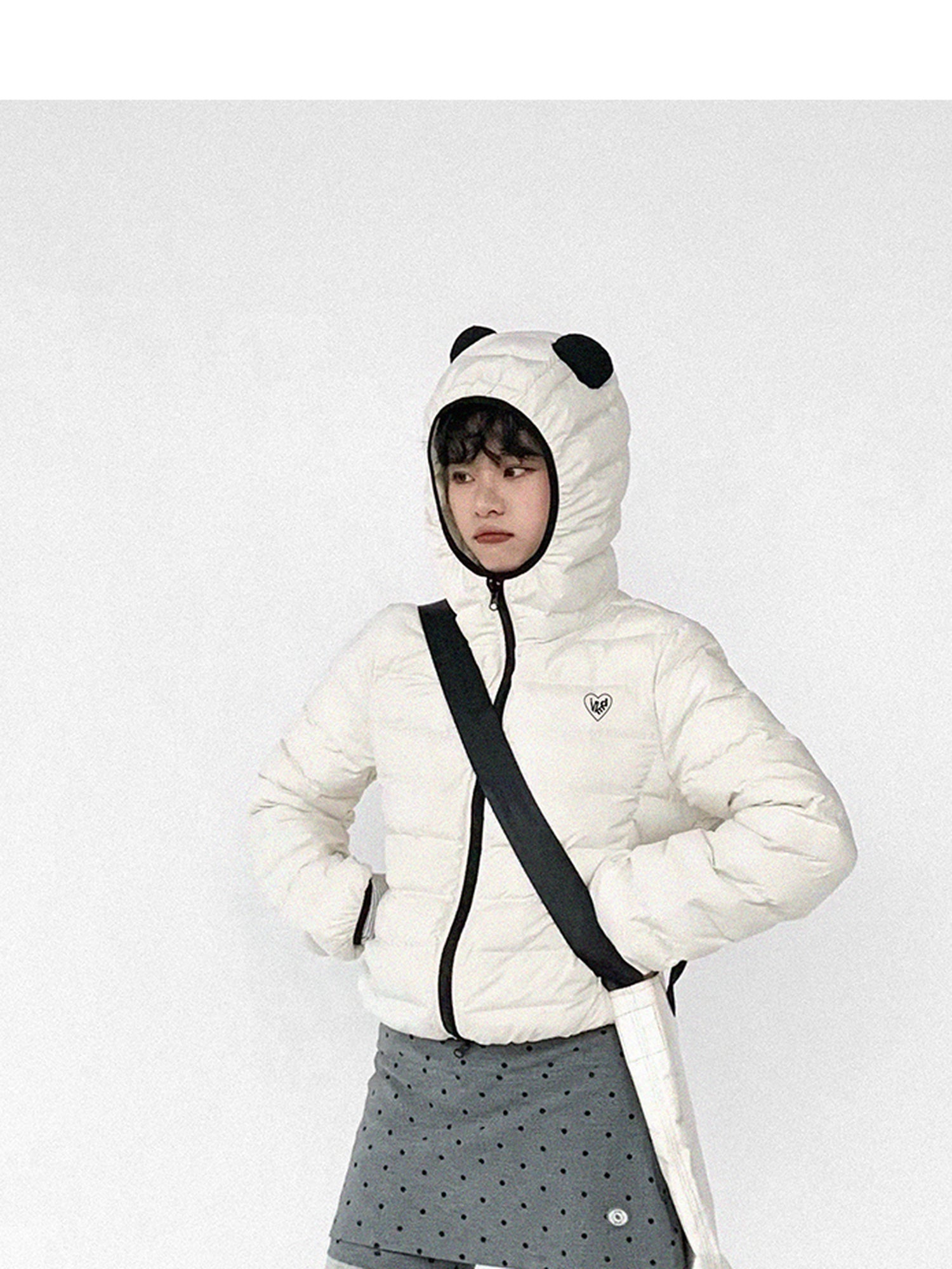 innomoood Panda Ear Rib Cotton Hooded Short Jacket