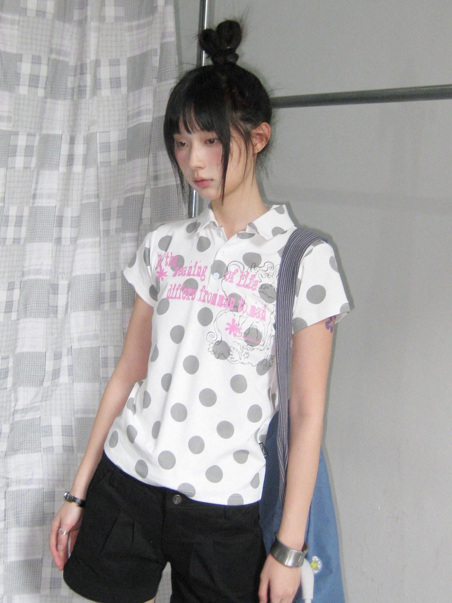 innomoood Pearl Polka Dot Contrast Print Henley Collar Women&