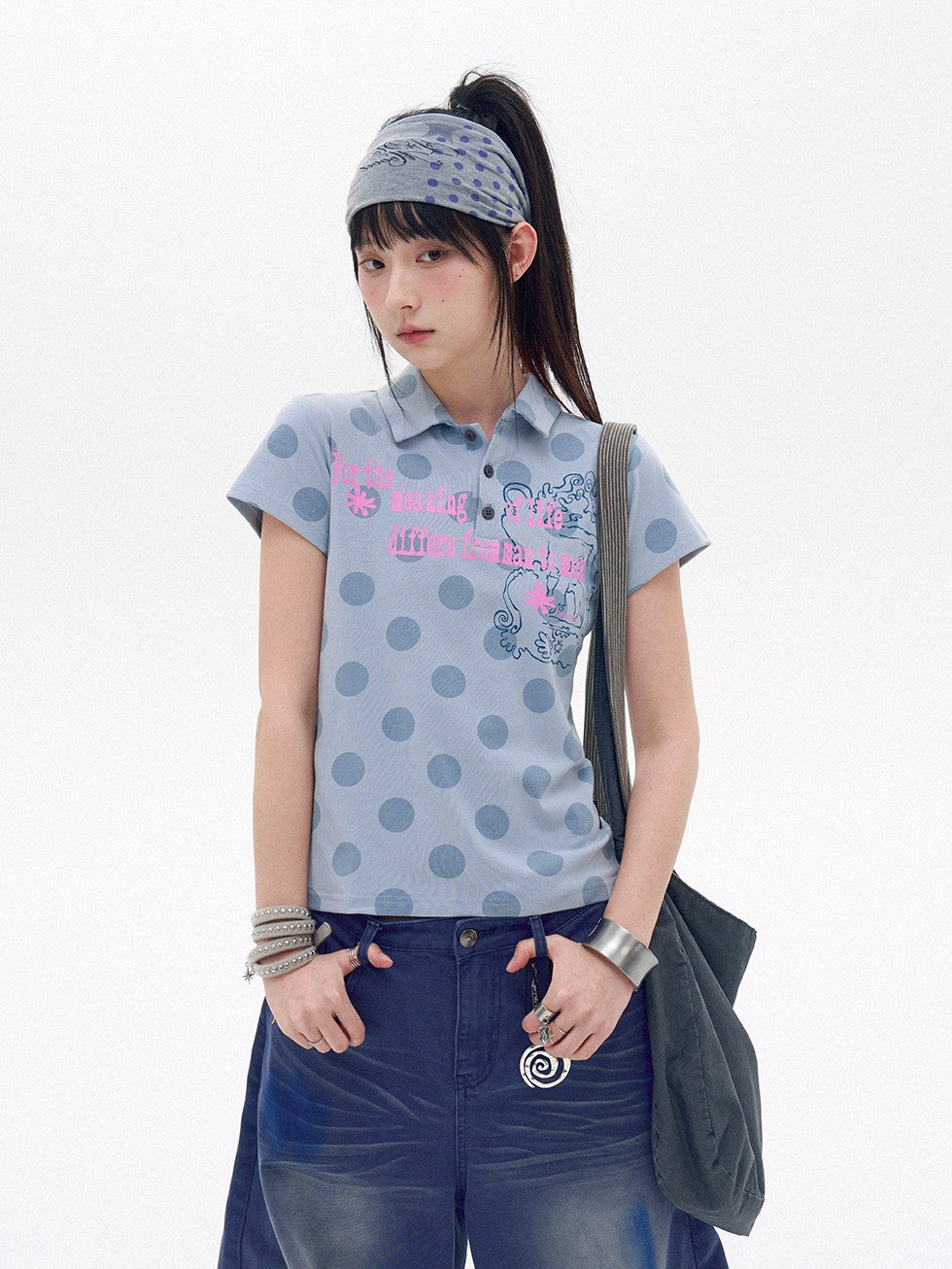 innomoood Pearl Polka Dot Contrast Print Henley Collar Women&