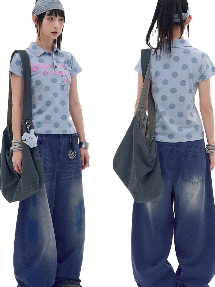 innomoood Pearl Polka Dot Contrast Print Henley Collar Women&