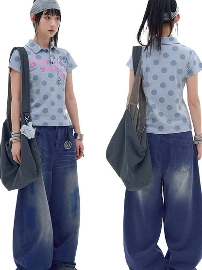 innomoood Pearl Polka Dot Contrast Print Henley Collar Women&