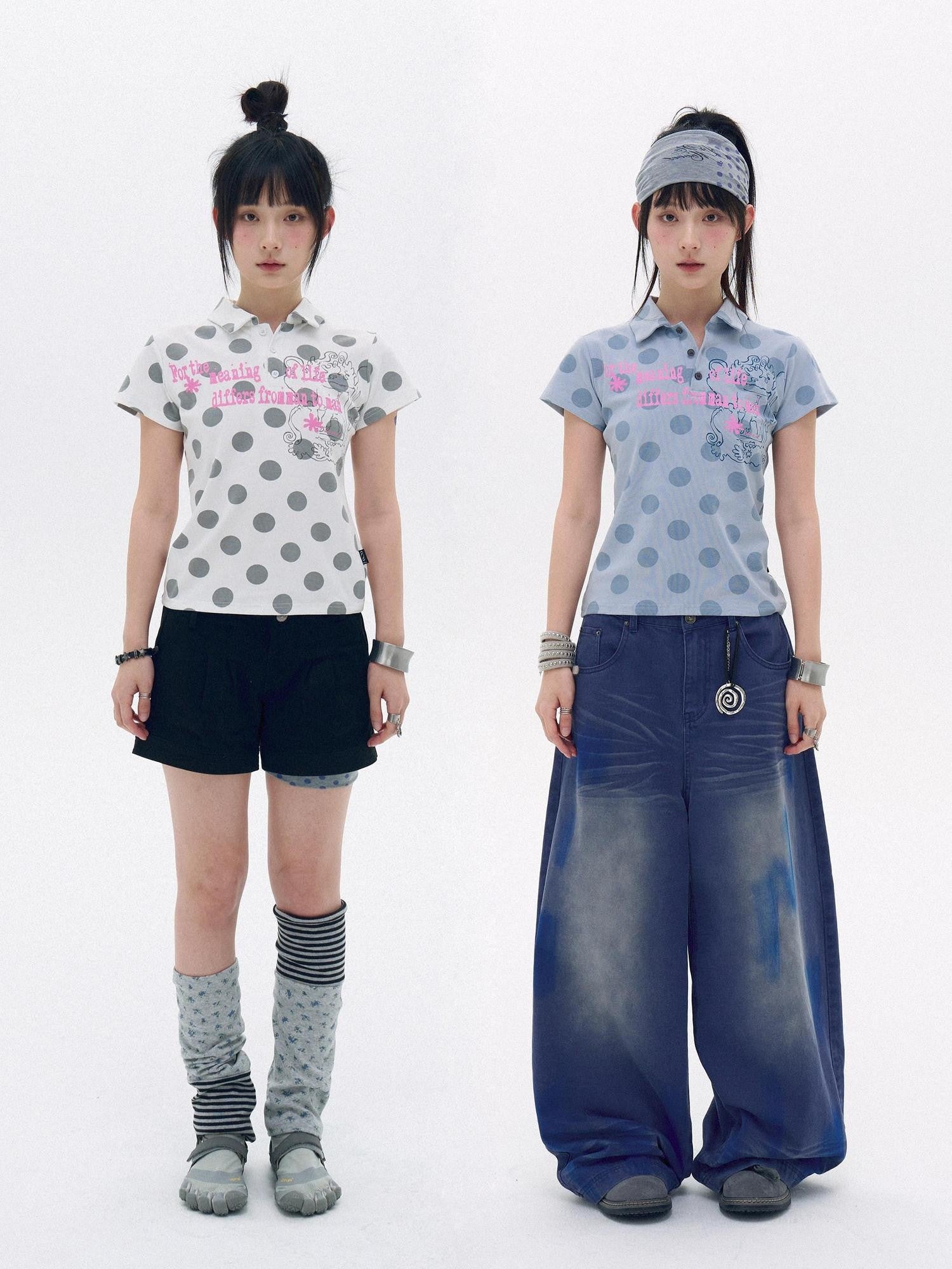 innomoood Pearl Polka Dot Contrast Print Henley Collar Women&