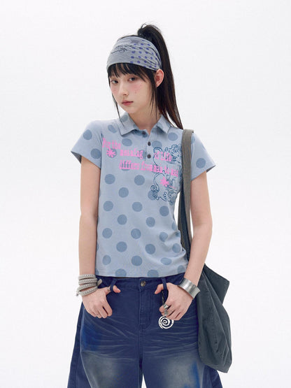 innomoood Pearl Polka Dot Contrast Print Henley Collar Women&