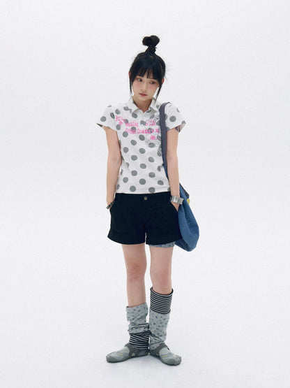 innomoood Pearl Polka Dot Contrast Print Henley Collar Women&