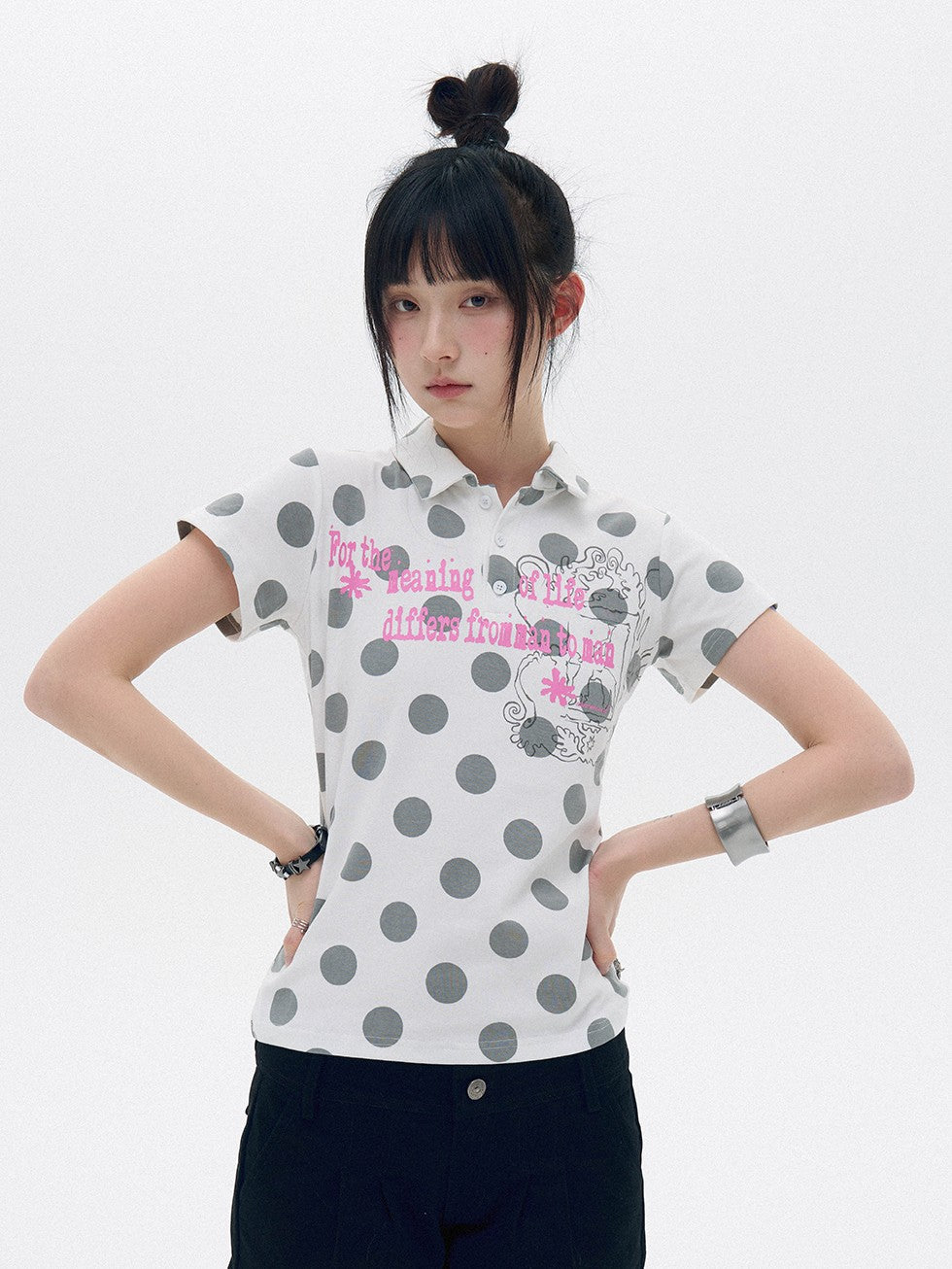 innomoood Pearl Polka Dot Contrast Print Henley Collar Women&