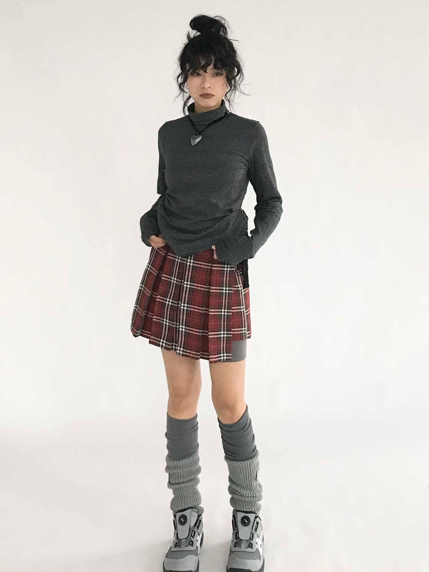innomoood Plaid Wrap Skirt with Velvet Belt