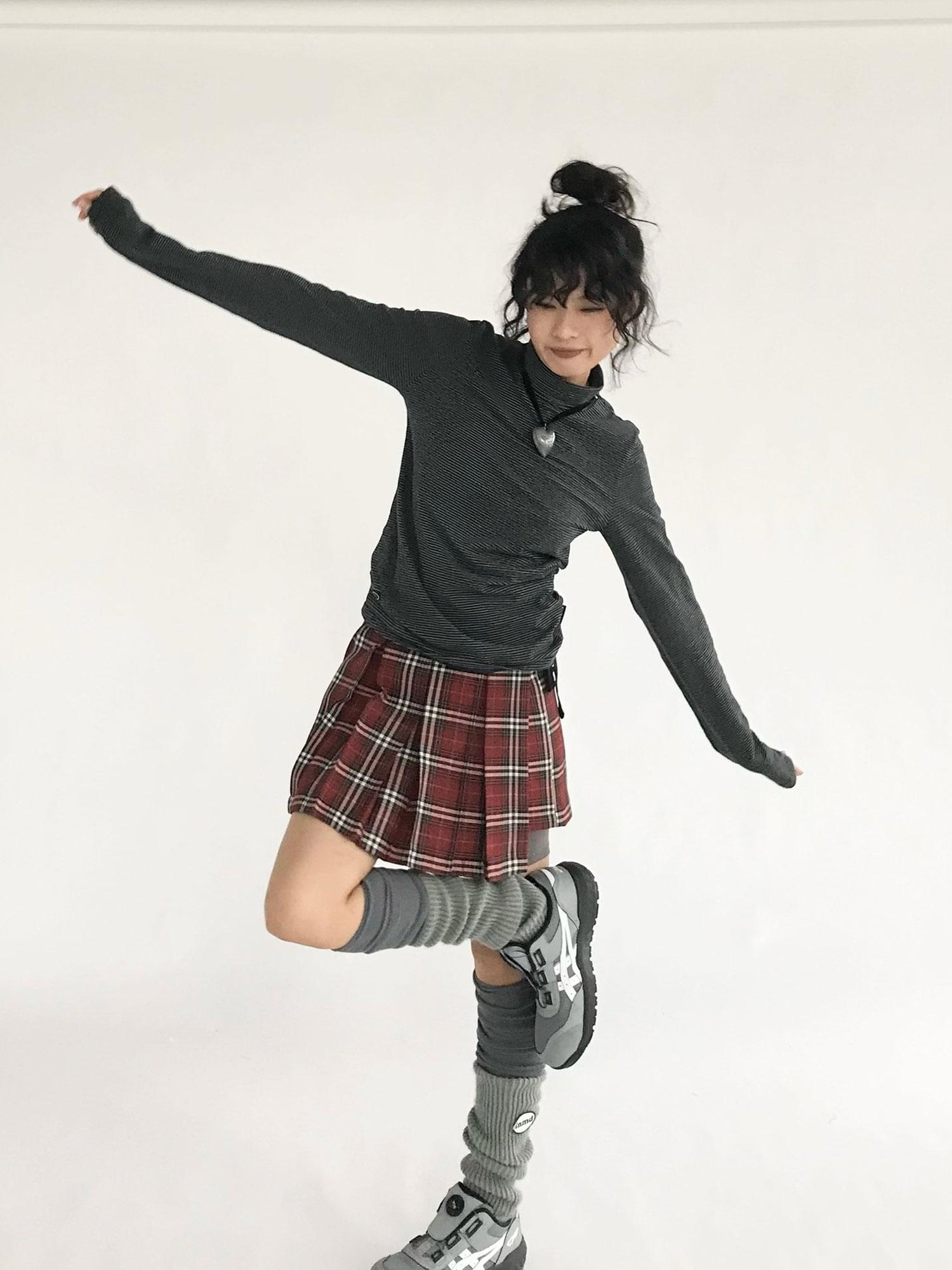innomoood Plaid Wrap Skirt with Velvet Belt