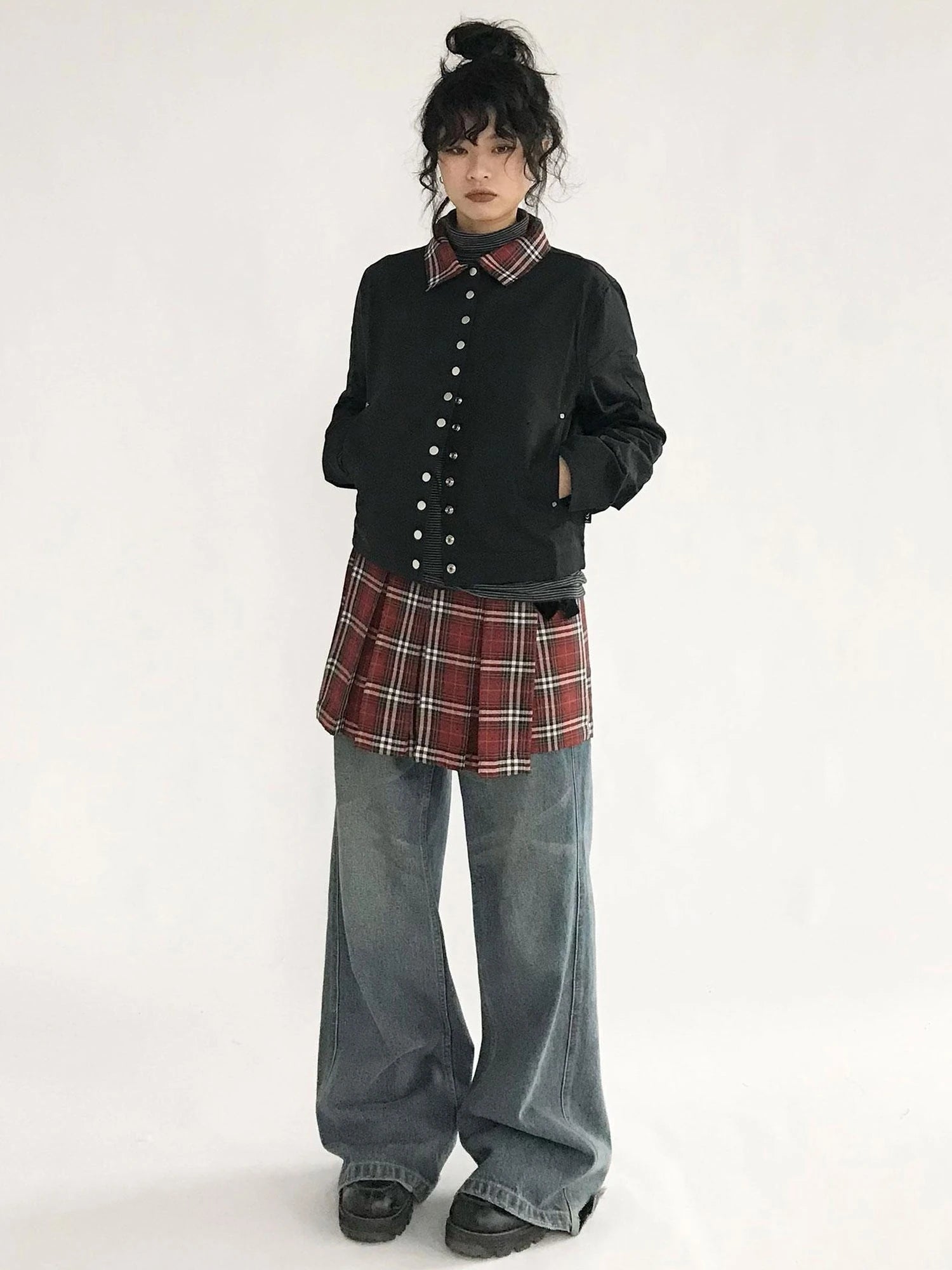 Plaid Wrap Skirt with Velvet Belt