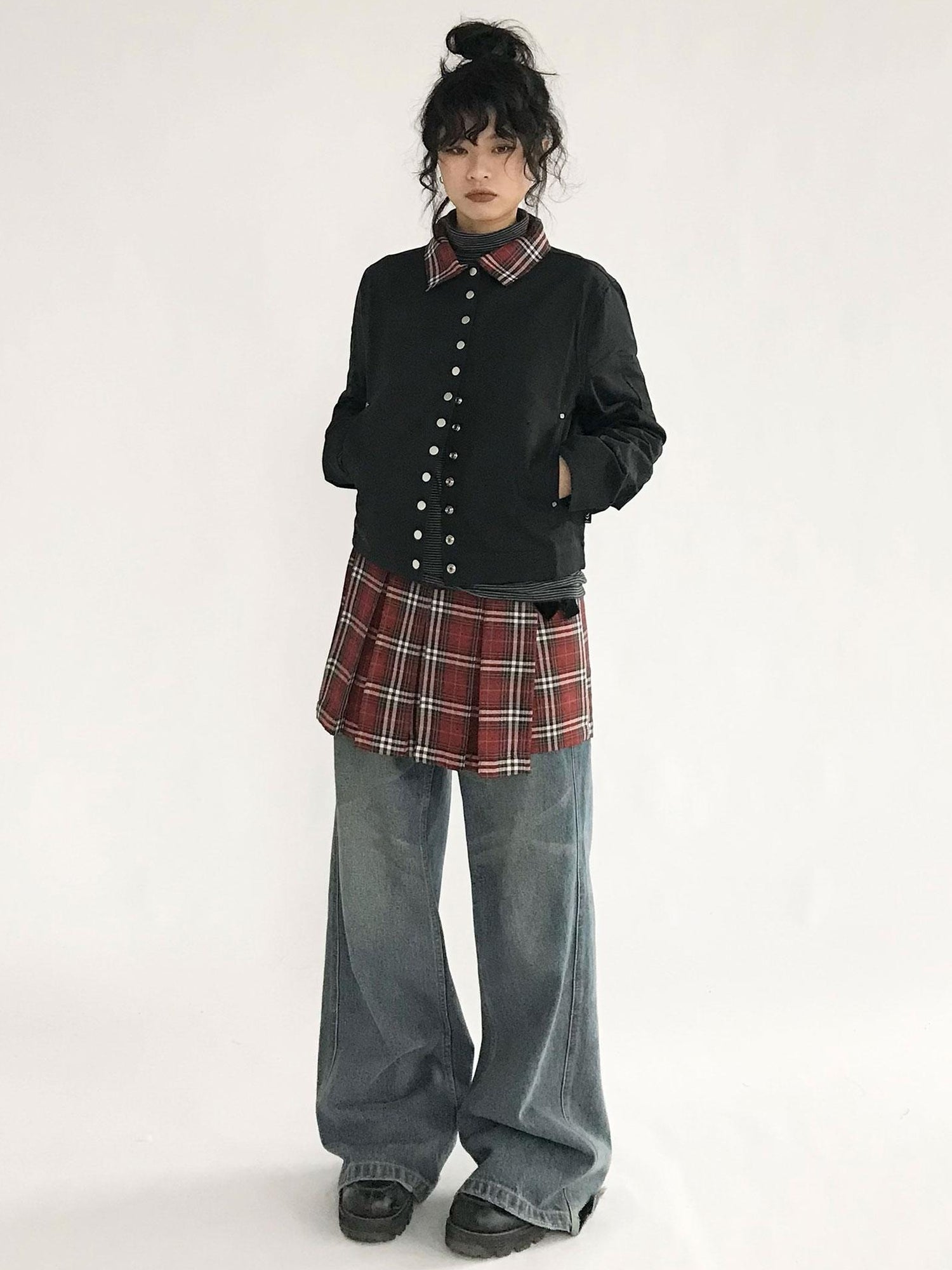 innomoood Plaid Wrap Skirt with Velvet Belt
