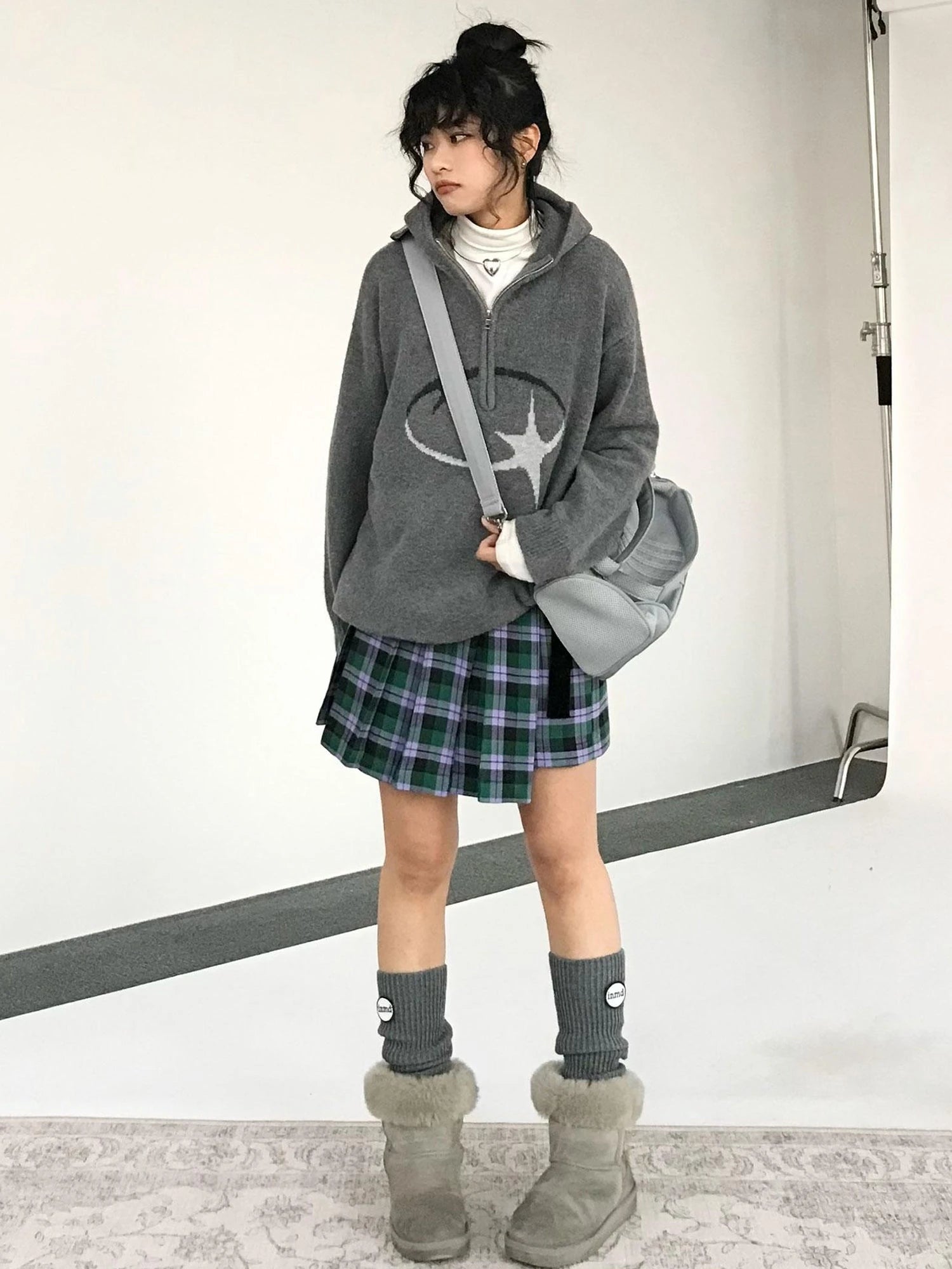 Plaid Wrap Skirt with Velvet Belt