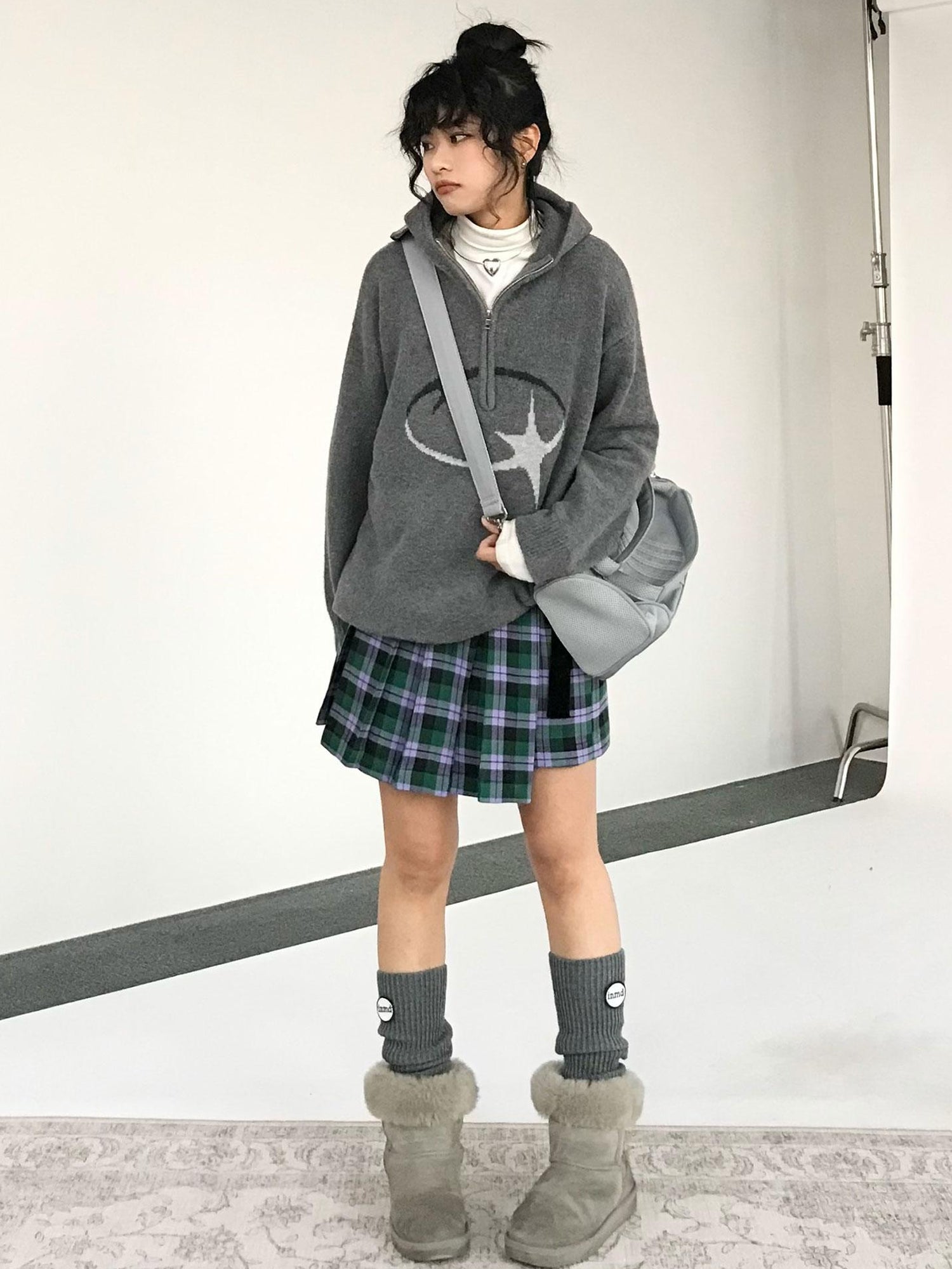 innomoood Plaid Wrap Skirt with Velvet Belt