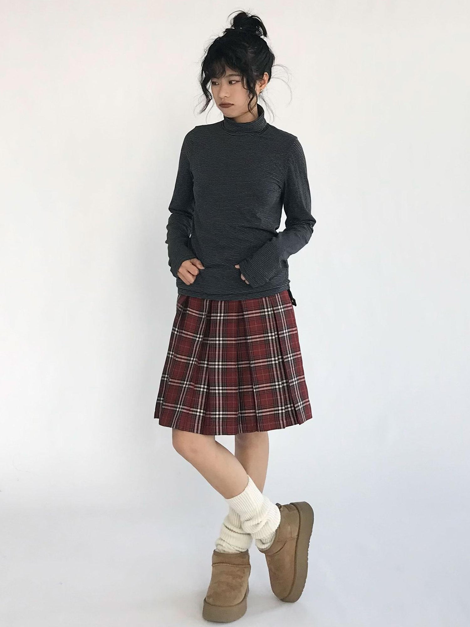 innomoood Plaid Wrap Skirt with Velvet Belt