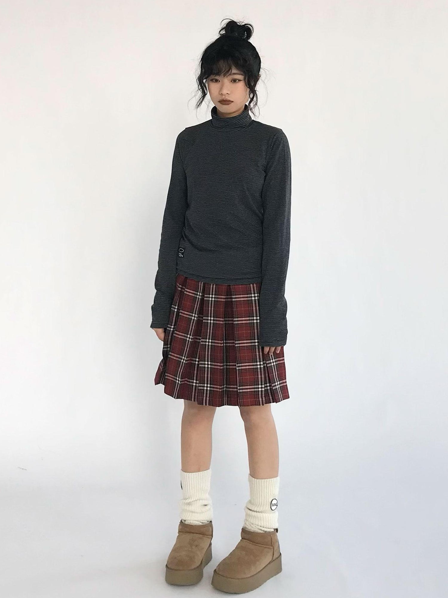 innomoood Plaid Wrap Skirt with Velvet Belt