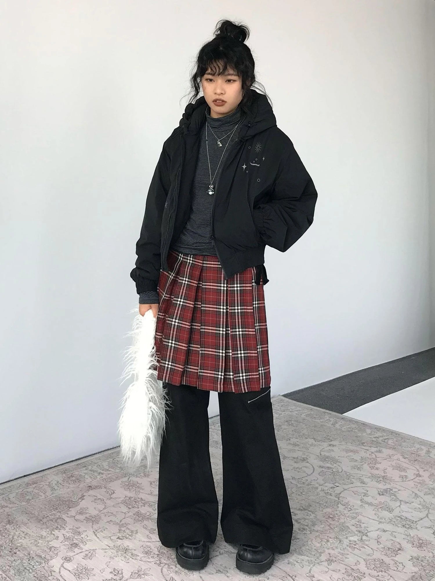 Plaid Wrap Skirt with Velvet Belt