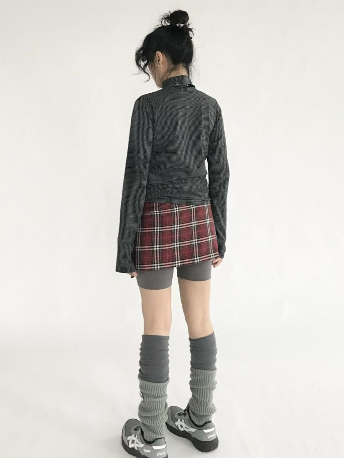 innomoood Plaid Wrap Skirt with Velvet Belt