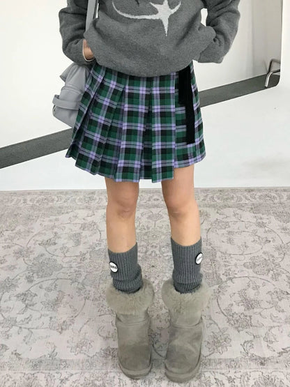 Plaid Wrap Skirt with Velvet Belt