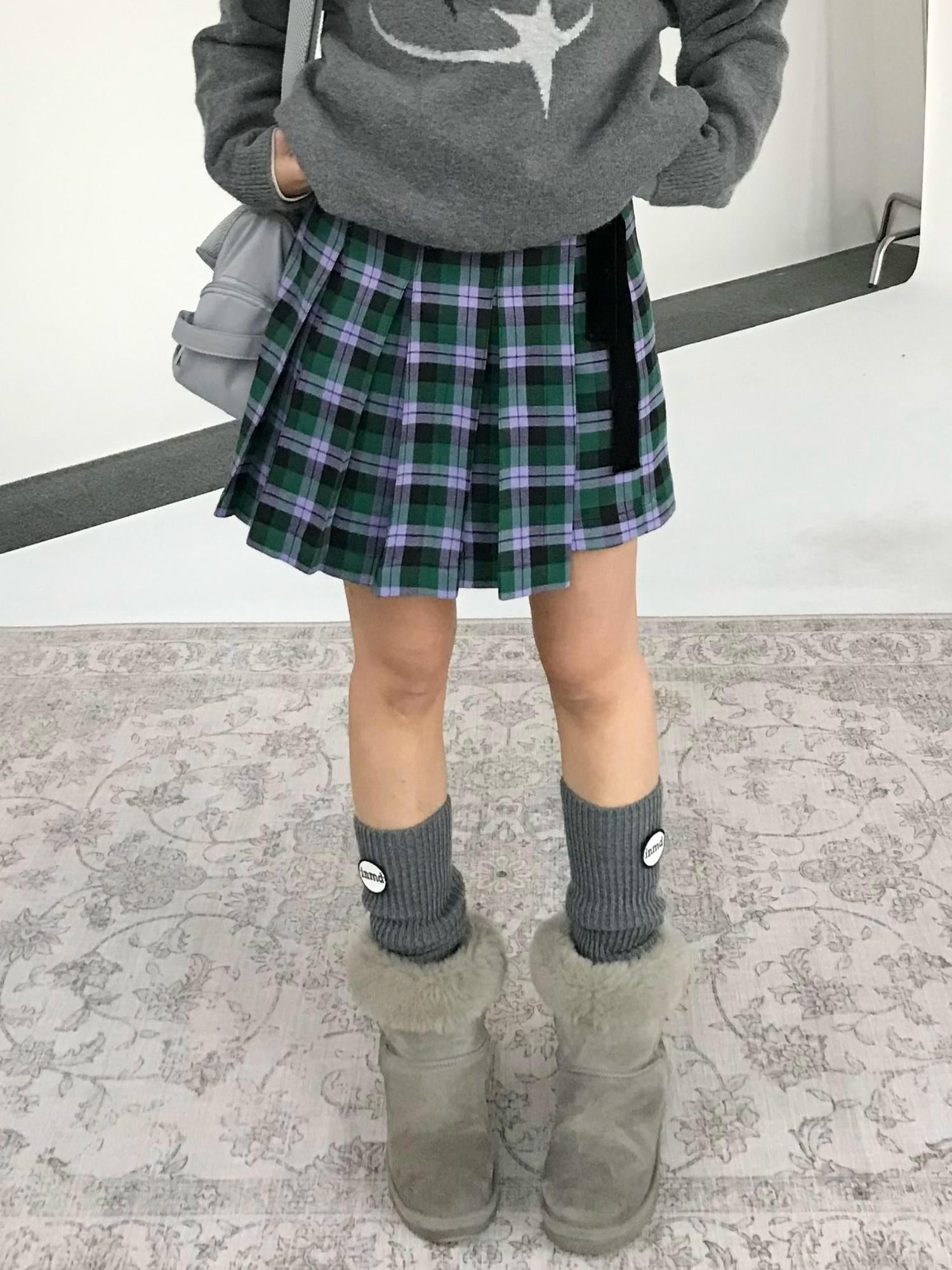 innomoood Plaid Wrap Skirt with Velvet Belt