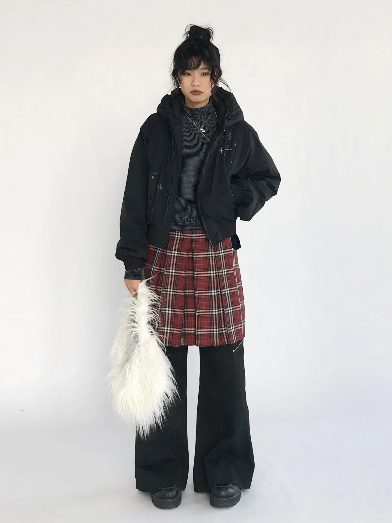 Plaid Wrap Skirt with Velvet Belt