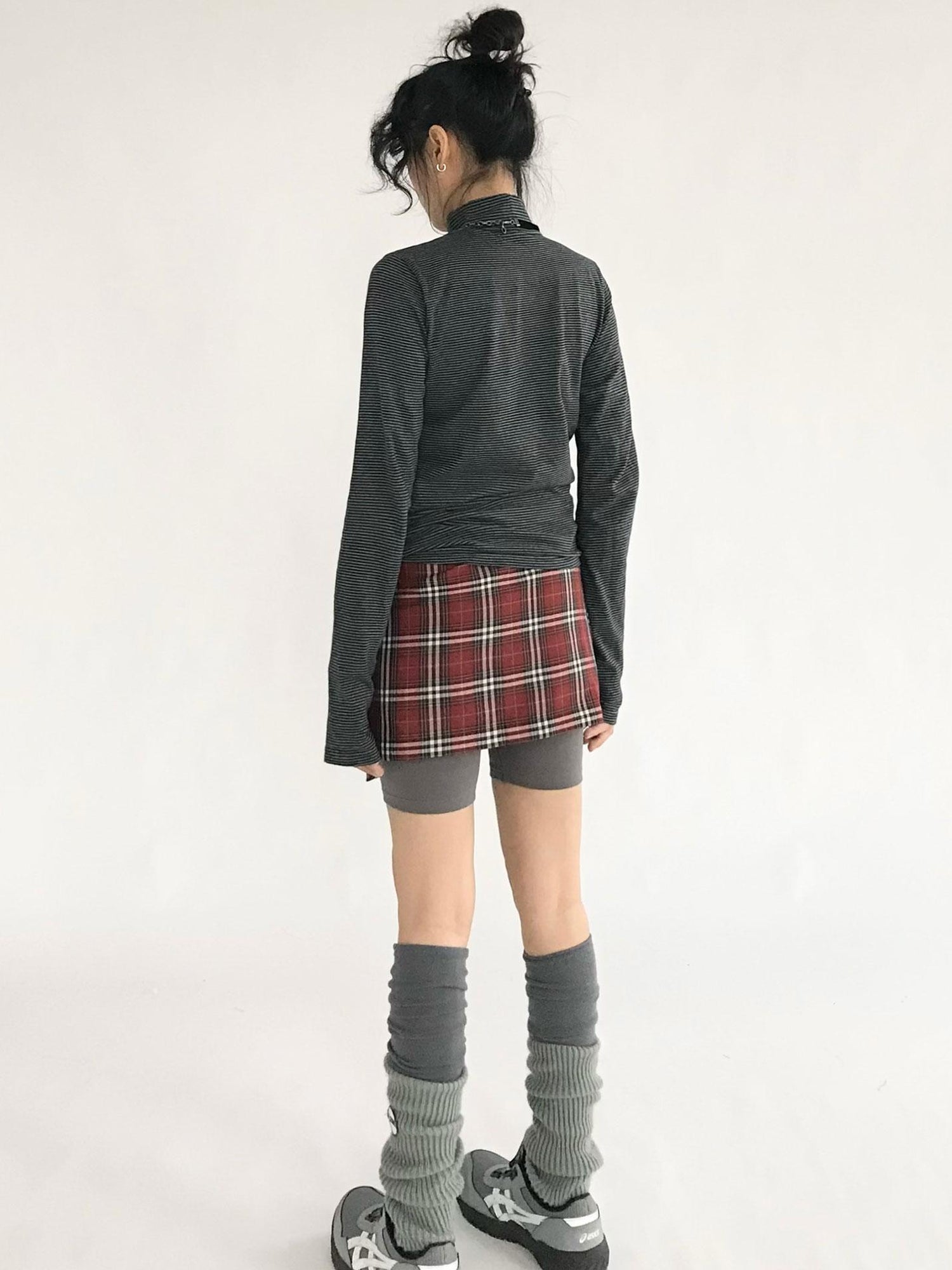 innomoood Plaid Wrap Skirt with Velvet Belt