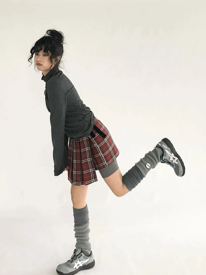 Plaid Wrap Skirt with Velvet Belt