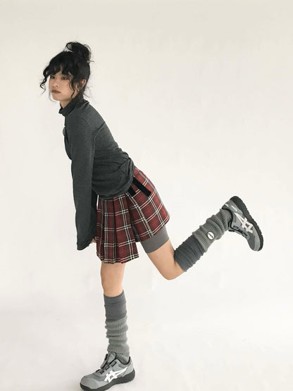 innomoood Plaid Wrap Skirt with Velvet Belt