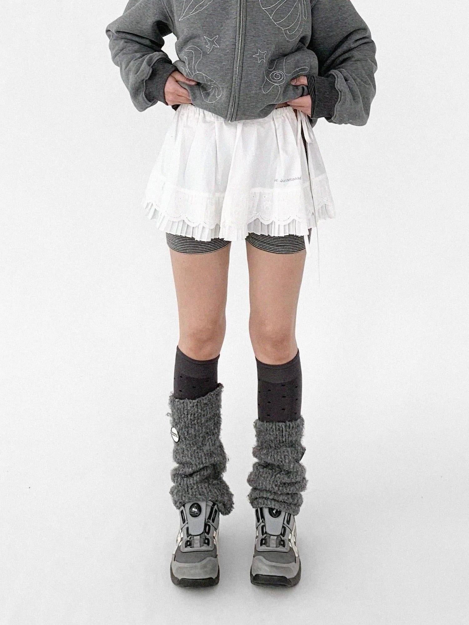 Pleated Skirt With Bear Embroidery And Dot Mesh Overlay