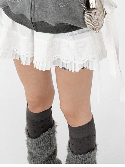 Pleated Skirt With Bear Embroidery And Dot Mesh Overlay