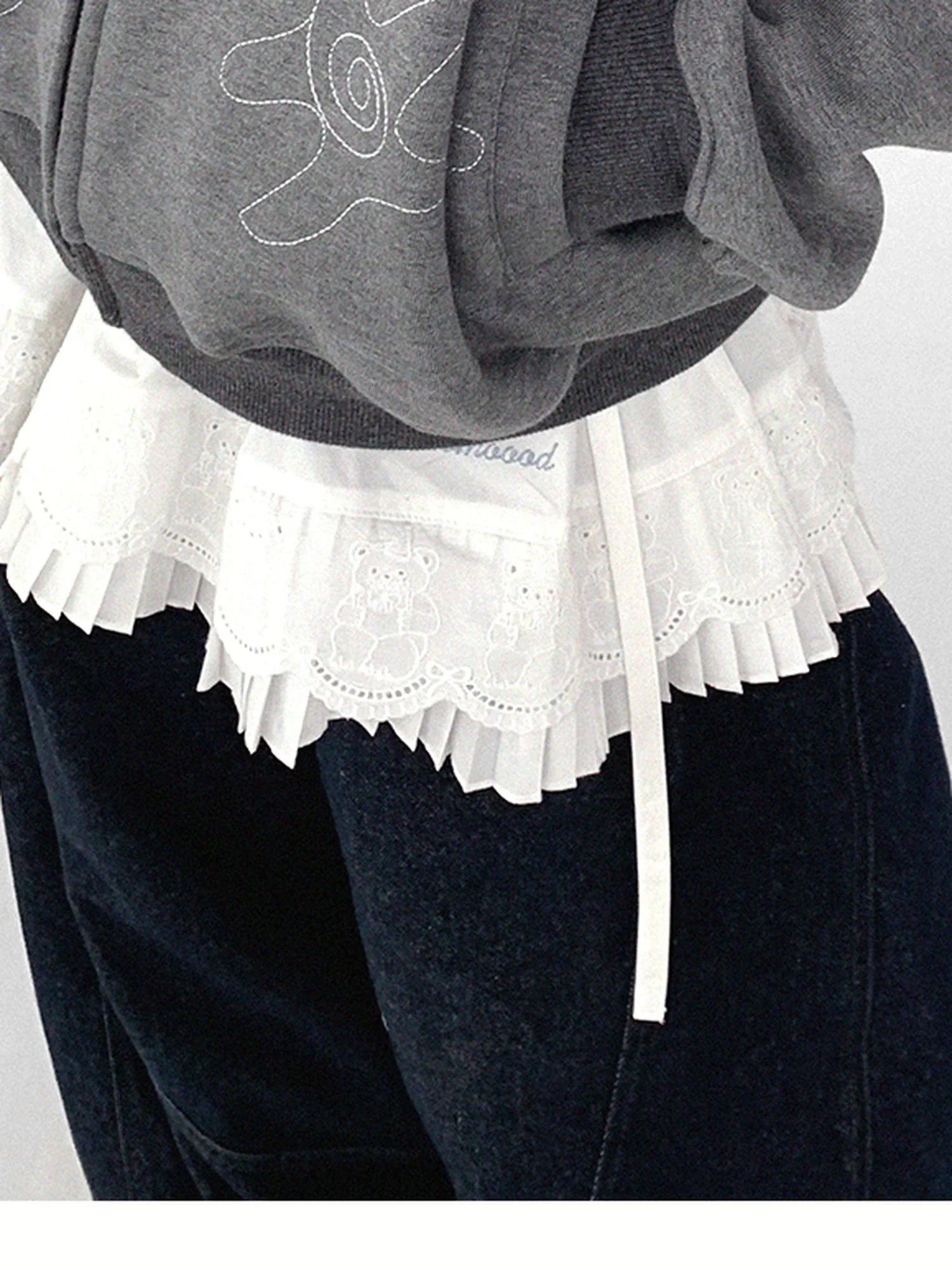 Pleated Skirt With Bear Embroidery And Dot Mesh Overlay