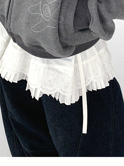 Pleated Skirt With Bear Embroidery And Dot Mesh Overlay