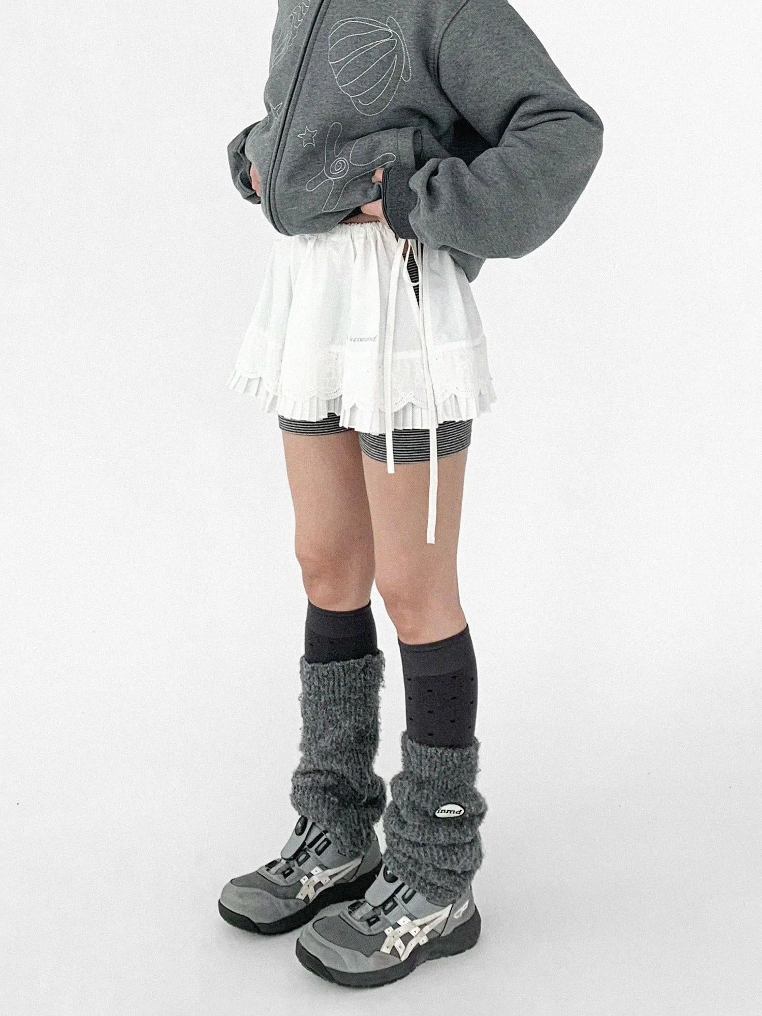 Pleated Skirt With Bear Embroidery And Dot Mesh Overlay