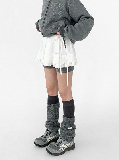 Pleated Skirt With Bear Embroidery And Dot Mesh Overlay