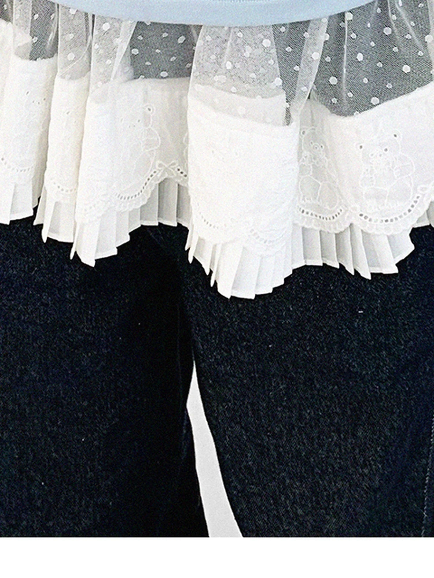 Pleated Skirt With Bear Embroidery And Dot Mesh Overlay