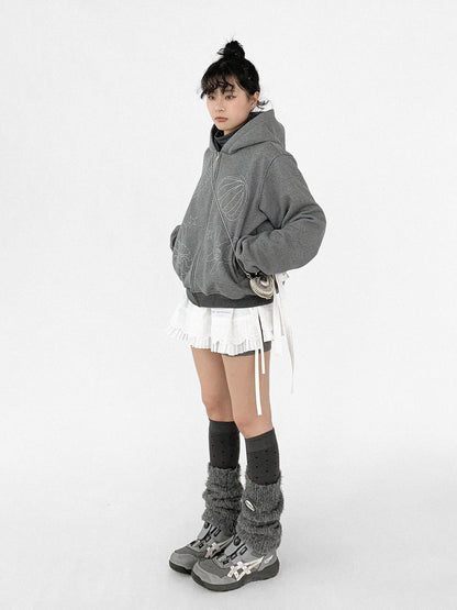 innomoood Pleated Skirt With Bear Embroidery And Dot Mesh Overlay