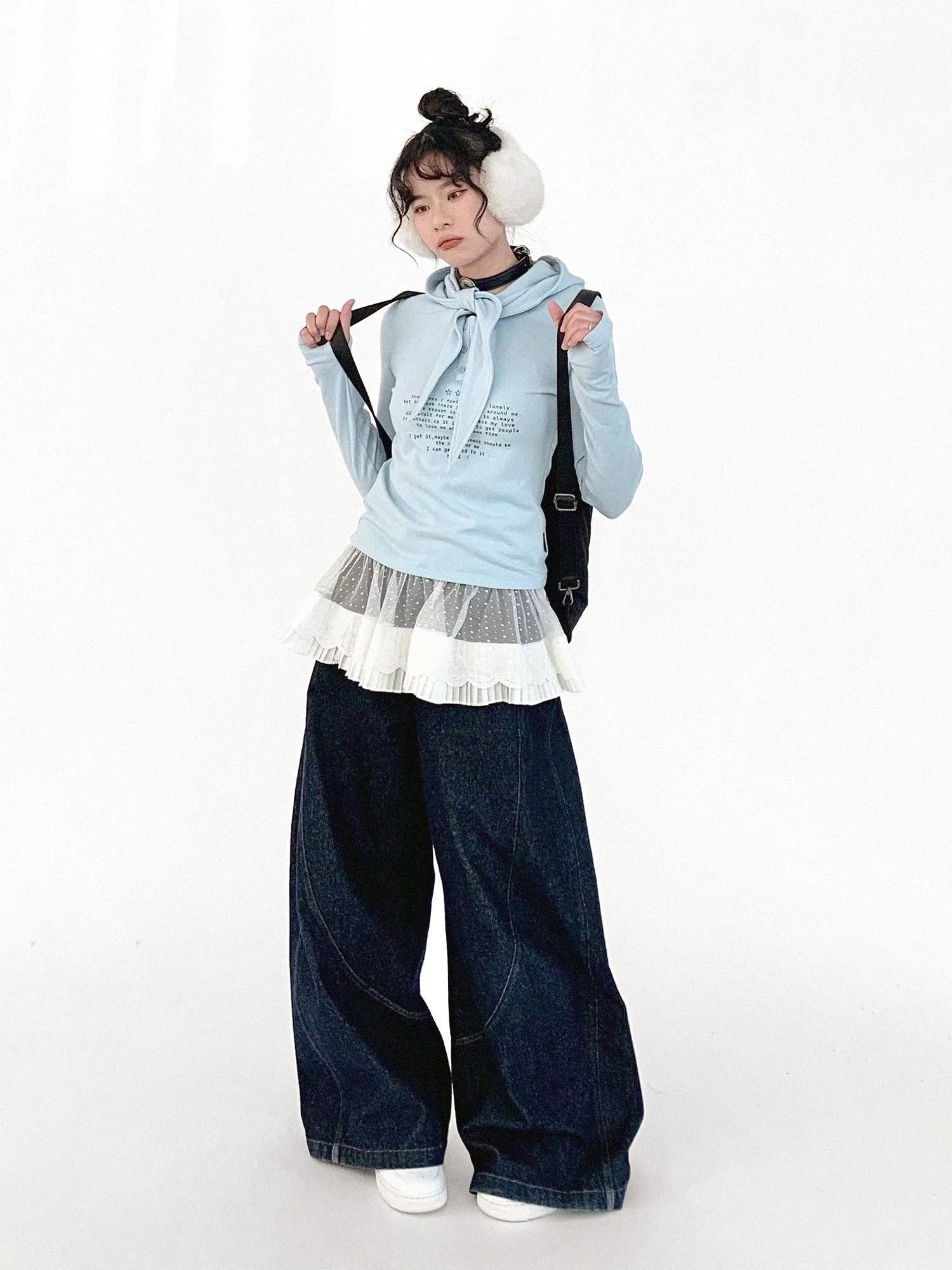 Pleated Skirt With Bear Embroidery And Dot Mesh Overlay