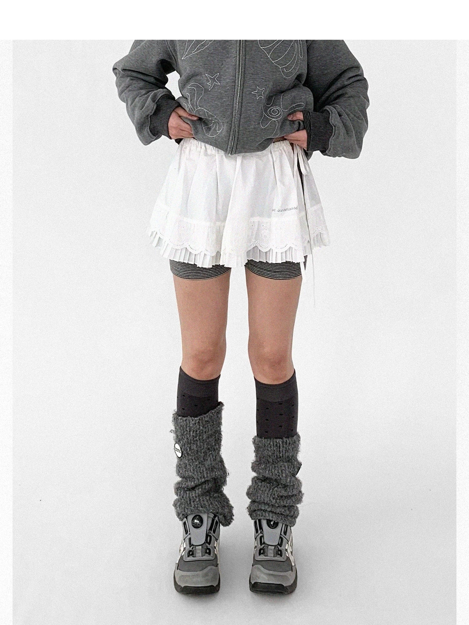 Pleated Skirt With Bear Embroidery And Dot Mesh Overlay