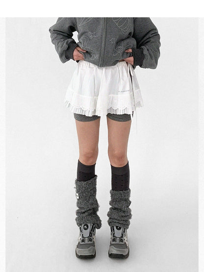 Pleated Skirt With Bear Embroidery And Dot Mesh Overlay