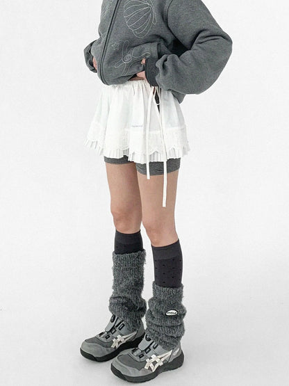 Pleated Skirt With Bear Embroidery And Dot Mesh Overlay