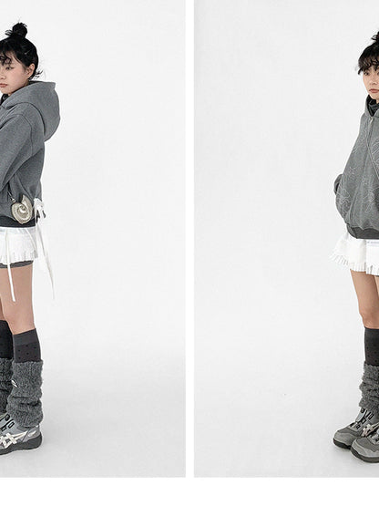 innomoood Pleated Skirt With Bear Embroidery And Dot Mesh Overlay