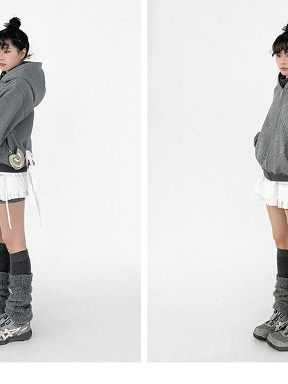 Pleated Skirt With Bear Embroidery And Dot Mesh Overlay