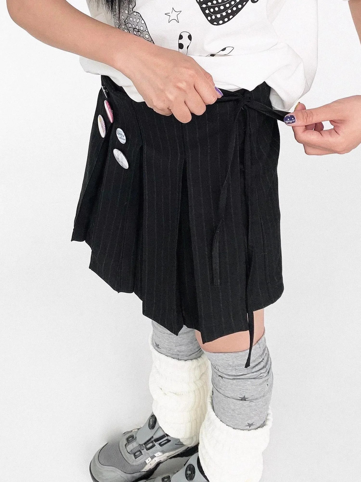 Pleated Stripe Wrap Skirt With Detachable Layering Panel