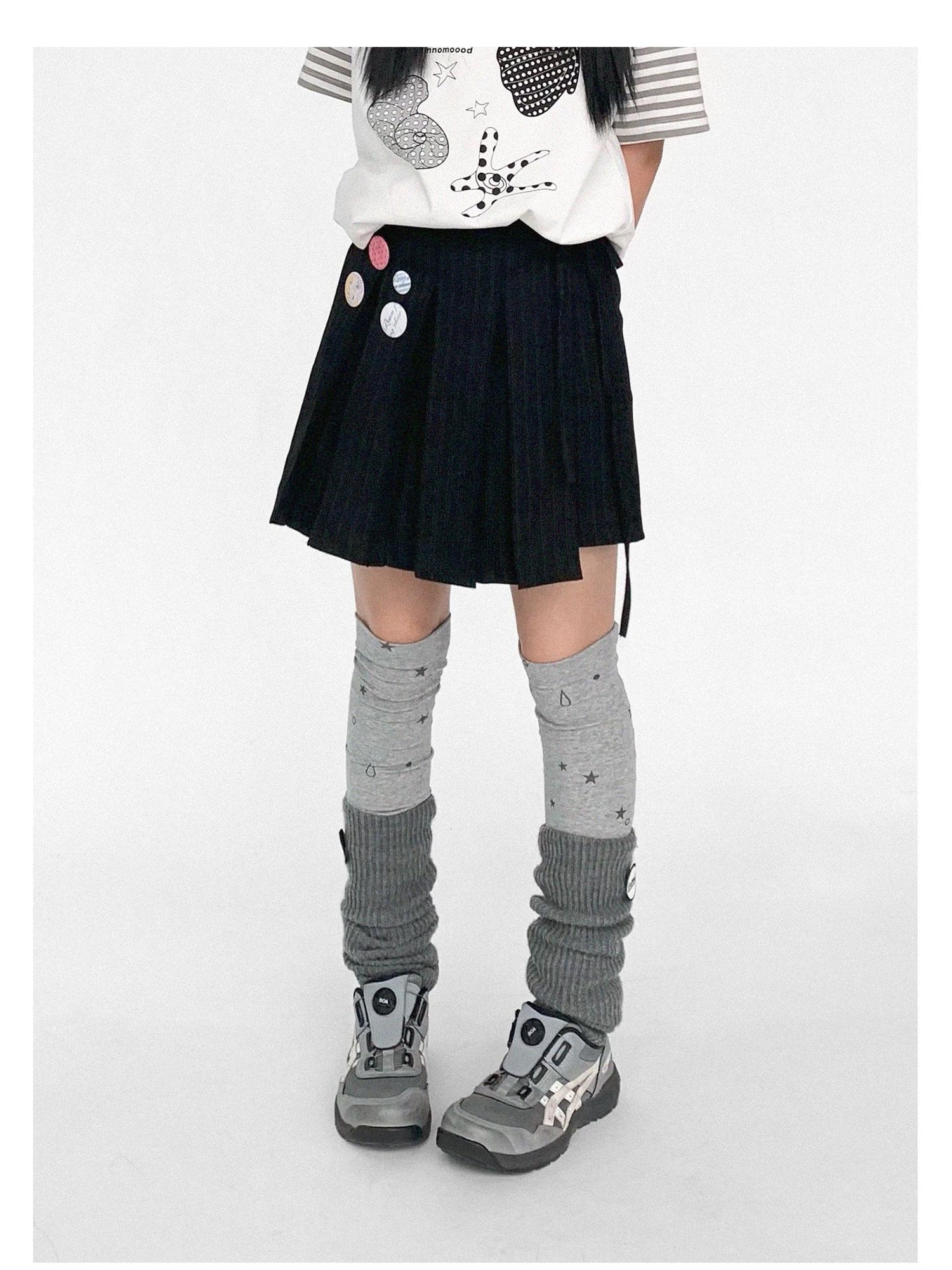 innomoood Pleated Stripe Wrap Skirt With Detachable Layering Panel