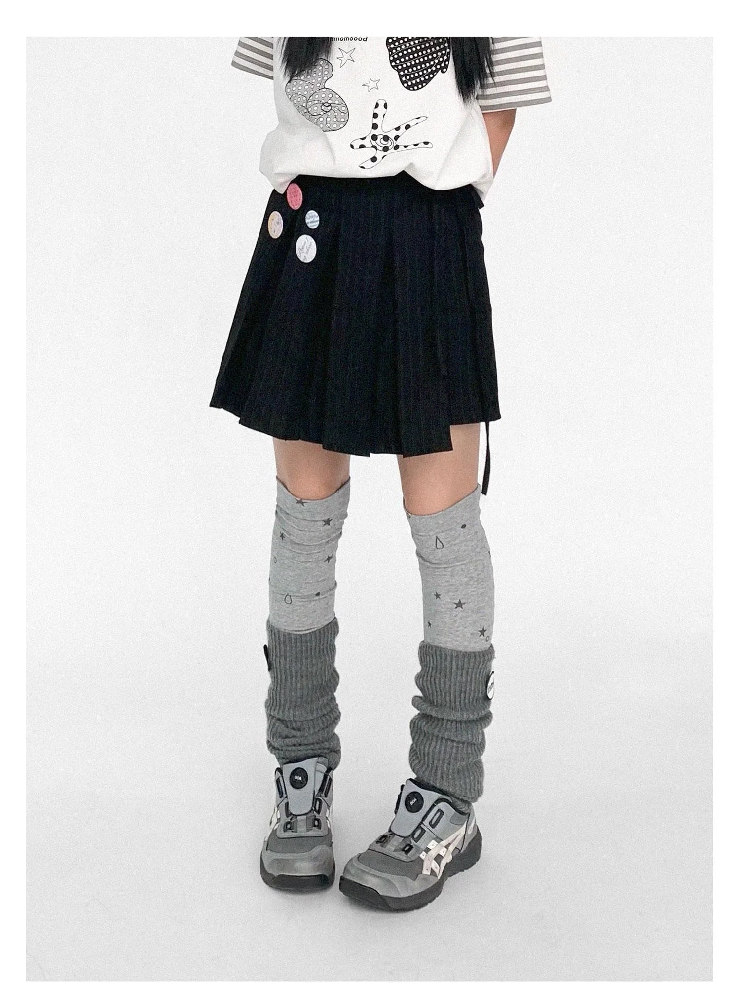 Pleated Stripe Wrap Skirt With Detachable Layering Panel