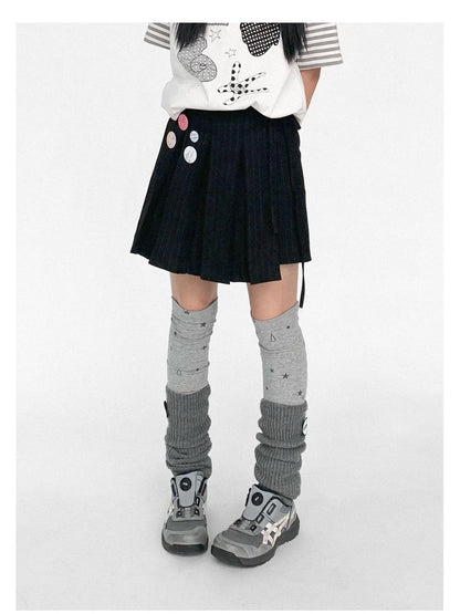 Pleated Stripe Wrap Skirt With Detachable Layering Panel