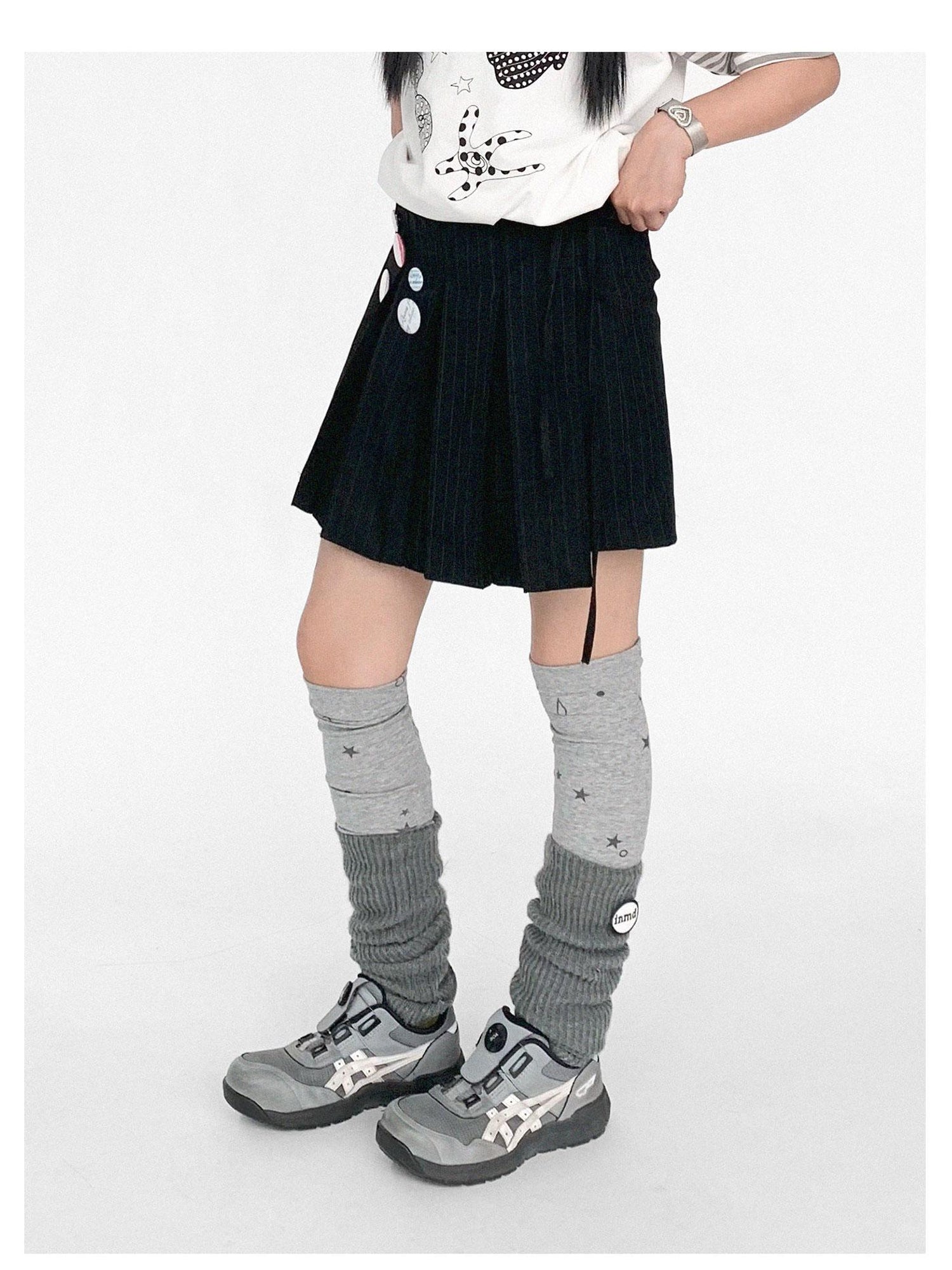innomoood Pleated Stripe Wrap Skirt With Detachable Layering Panel