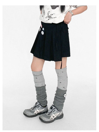 Pleated Stripe Wrap Skirt With Detachable Layering Panel